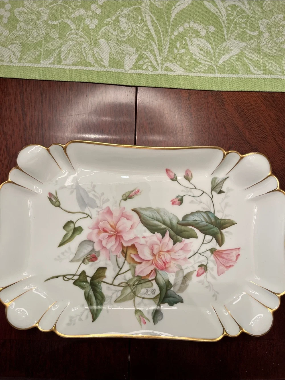 Antique Limoges White Porcelain Platter with Pink Floral Bouquet and Gold Trim